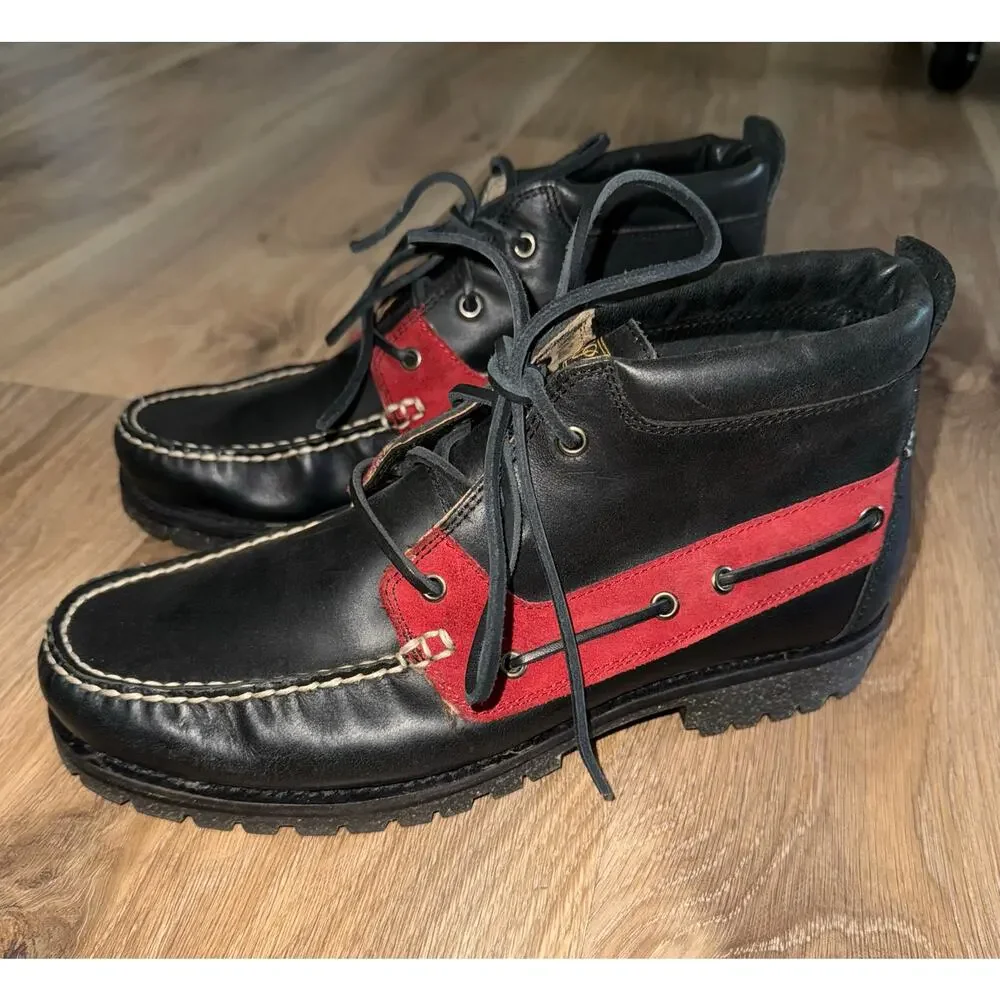 Polo Ralph Lauren Ridgemoor Black/Red Leather Moc Toe Ankle Boots - size 9 - L23
